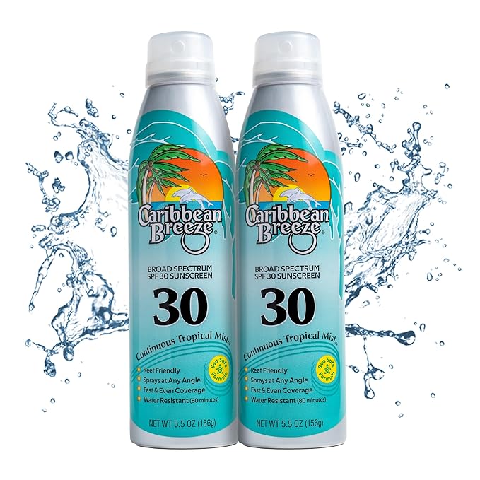 Caribbean Breeze Continuous Tropical Mist SPF 30 Sunscreen Spray, Reef Safe Sunscreen Spray, Up to 80 Minutes Water Resistant, 5.5 Ounces, 2 Pack