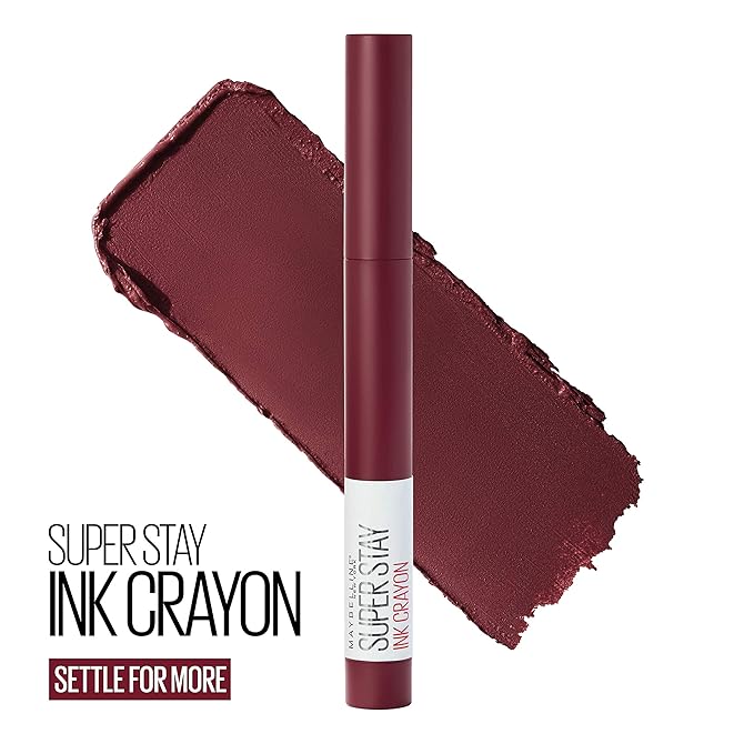 Maybelline Super Stay Ink Crayon Lipstick Makeup, Precision Tip Matte Lip Crayon with Built-in Sharpener, Longwear Up To 8Hrs, Settle For More, Berry Wine Purple, 1 Count