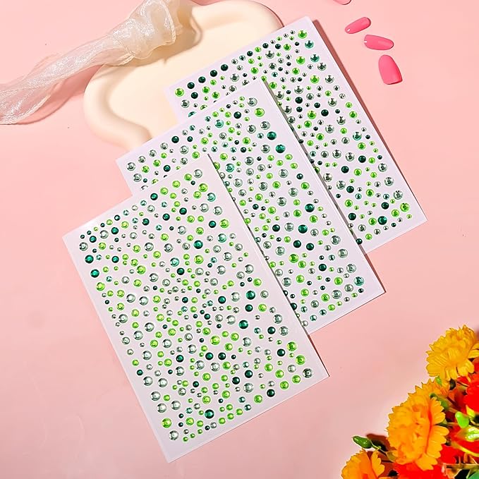 975Pcs Face Gems Hair Gems, Self-Adhesive Face Jewels Eye Jewels Rhinestones 3/4/5/6 mm DIY Face Gems Stick on, Hair Body Rhinestones Gems Crystals Pearls for Face Makeup, Crafts (gem_mixedgreen)