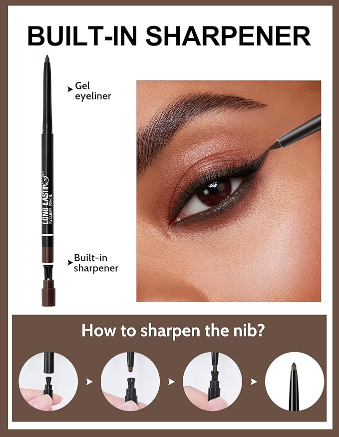 Erinde 2PCS Waterproof Gel Eyeliner Pencil, Glide on Smooth Eyeliner for Mature Women, Long-Wearing Matte Gel Cream Texture, Creamy Retractable Eye Liner, Built-in Sharpener, Transfer-Proof, Brown
