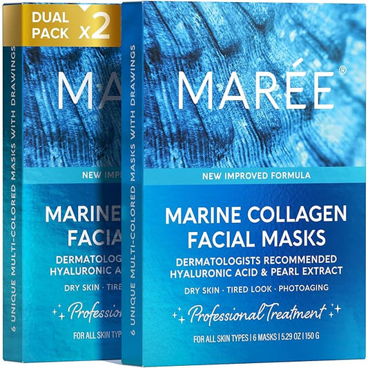 MAREE Collagen Facial Mask with Hyaluronic Acid 2 PACK - Hydrating Face Masks Skincare - Mascarillas Faciales For Women Skin Care - Multicolor, 12 Count