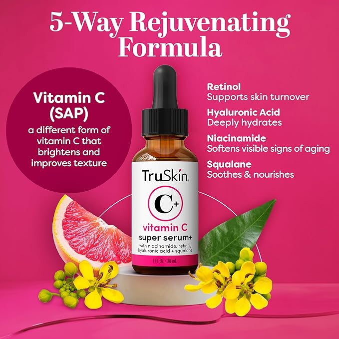 TruSkin Vitamin C Super Serum - Niacinamide, Retinol, Hyaluronic Acid & Squalane - All-in-One Anti Aging Serum for Face – Improve Appearance of Dark Spots, Firmness for Brighter Looking Skin, 1 Fl Oz