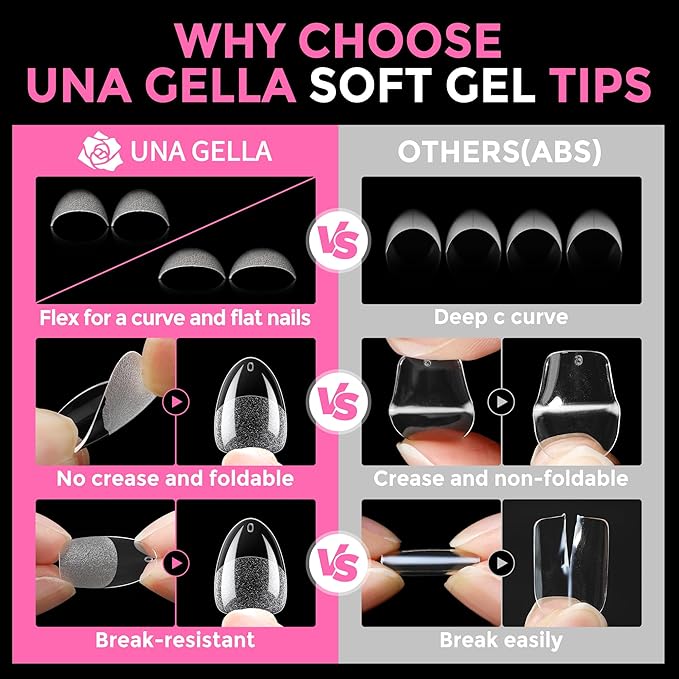 UNA GELLA Extra Short Almond Nail Tips Full Cover 216PCS Gel Nail Tips Short Almond Shaped Nails Tips Soft Gelly Gel Clear Fake Nails Tip for Acrylic Nail Tip Soak Off Home DIY Salon Nails 12 Sizes
