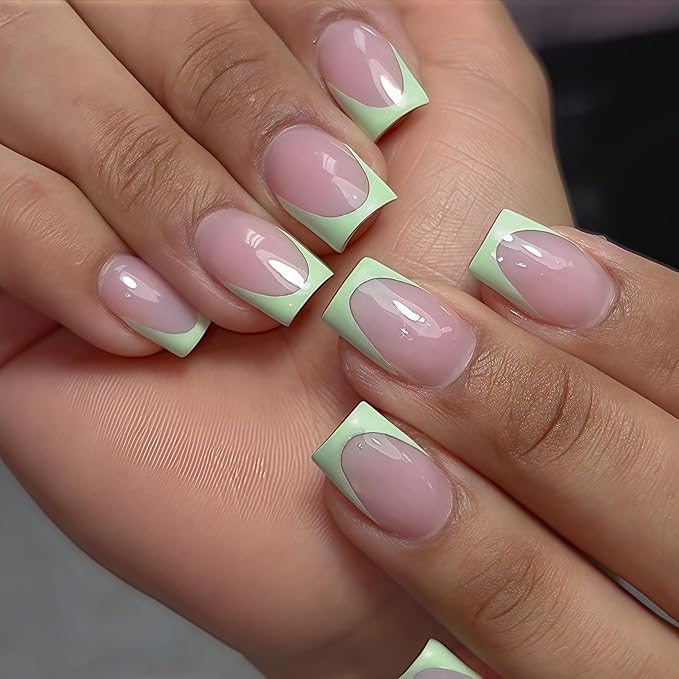 30 Pcs Light Green French Tip Press on Nails Short Square, Acrylic Fake Nails Press ons with Glue, Small Coffin Acrylic Natural Nude Glue on Nails for Women, 15 Sizes