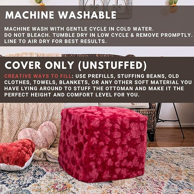 DaDa Bedding Collection DaDalogy Ottoman Pouf Cover Red Hearts in Love Faux Fur [NO Insert] - Bean Bag Footstool Cover Romantic Cozy Soft with Zipper - 1-Piece 18" x 18" x 18"