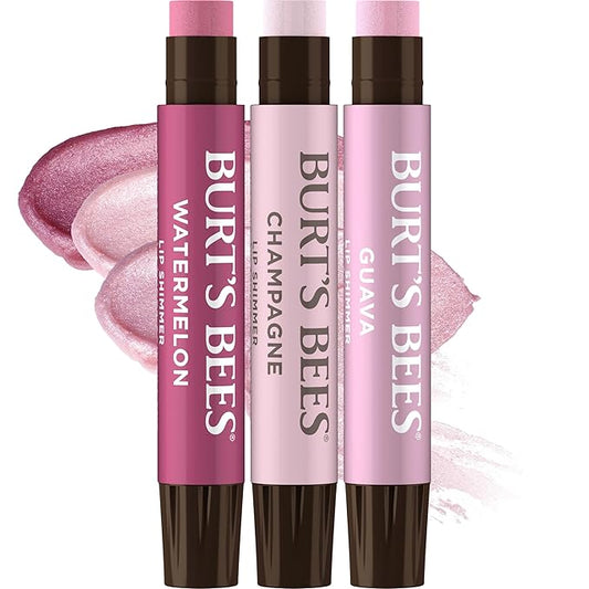 Burt's Bees Christmas Gifts, Lip Shimmer Pink Collection, Tinted Lip Balm Stick, Moisturizing for Hydration with Natural Glowy Pigmented Finish & Buildable Color, Value Pack, 3 Tubes x 0.09 Oz