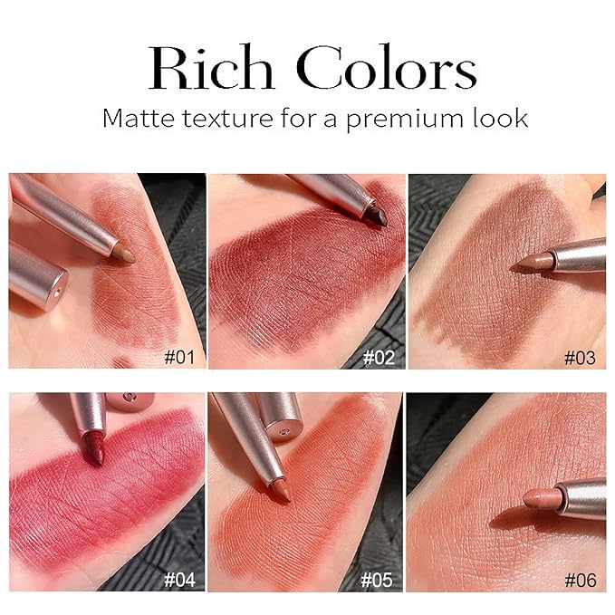 Lip Liner Set, 6 Colors Longwear and Pigmented Matte Lip Pencil Makeup, Smooth Application, Retractable Waterproof Lip Liner