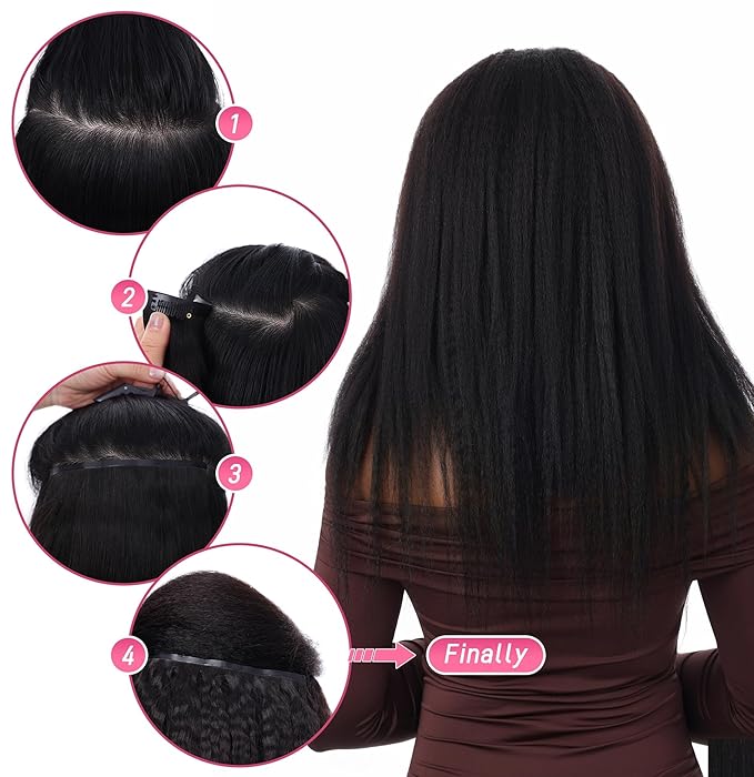 Essent Seamless Kinky Straight Clip in Hair Extensions Real Human Hair 16 Inch 7Pcs 130g Kinky Clip Ins Full Head Brazilian Remy Hair Extensions for Natural Black Double Weft Clip In