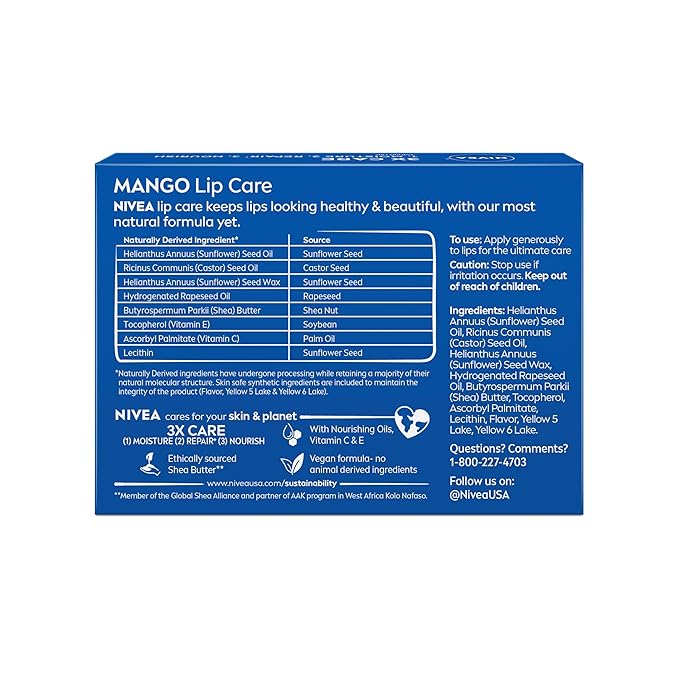 NIVEA Mango Lip Care, Vegan Lip Balm Pack with Shea Butter, Nourishing Oils and Vitamin C & E, 3-in-1 Moisturize, Repair and Protect, 0.17 Oz Stick, Pack of 4