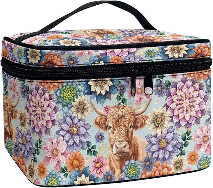Boho Mandala Highland Cattle Pattern Travel Makeup Bags for Women Portable Tote Cosmetic Case with Carry Handle Toiletry Accessories Storage Organizer Bags
