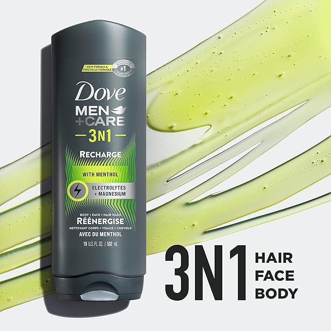 DOVE MEN + CARE Post-Workout Body Wash 3N1 Recharge 4 Count For Men With Menthol, 18 oz