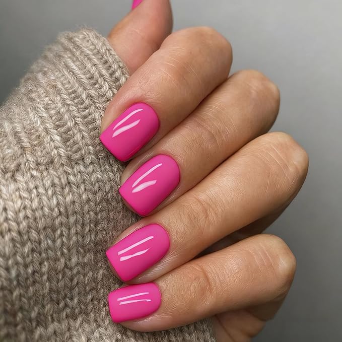48Pcs Hot Pink Press on Nails Short Square Fake Nails, Neon Glue on Nails Gel Nails Press ons, Acrylic Nails Stick on False Nails for Women Natural Handmade Thick Extra Short Nails Small Petite