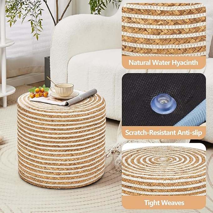 Wimarsbon 18'' Ottoman Pouf, Natural Braided Poof, Rustic Handweave Lounge Pouffe, Boho Footrest Stool for Bedroom, Accent Table or Seat for Living Room (Natural Water Hyacinth + White Cotton Rope)