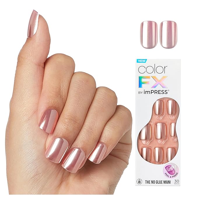 KISS colorFX by imPRESS Press-On Nails, Easy No-Glue Manicure, Solid Pink Chrome, Short Squoval, Stronger Adhesive, 30 Fake Nails + Prep Pad, Manicure Stick & Mini Nail File