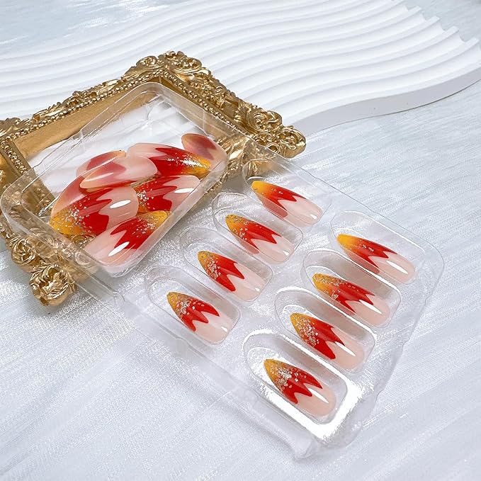 24pcs French Tip Press on Nails Medium Almond Fake Nails with Glitter Designs Flame False Nails Kit Gold Red Acrylic Nails Stick on Nails Full Cover Glue on Nails for Women Nail Decoration