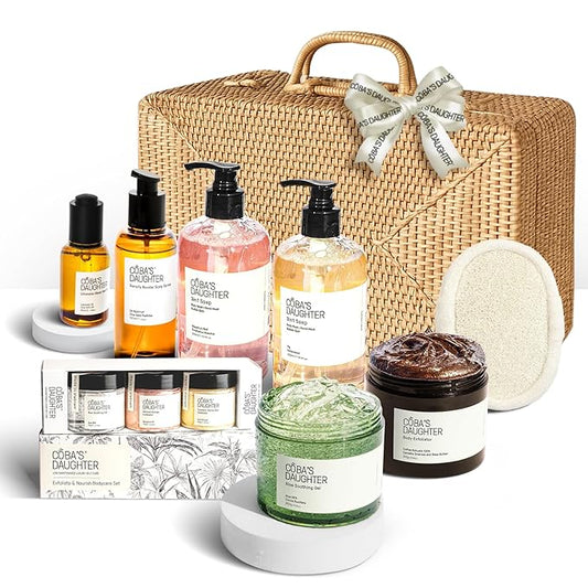 COBA'S DAUGHTER Rattan Gift Basket - 11-Piece Spa Inspired Bath, Body & Hair Kit for Women, Includes Coffee Scrub, Aloe Soothing Gel, Hair Serum, and Travel Minis (11 Pieces)