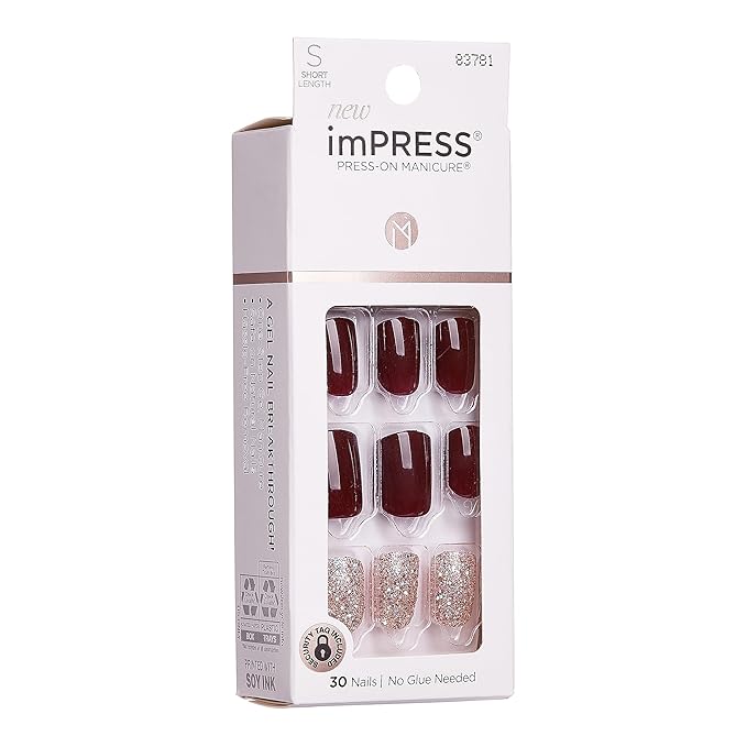 KISS imPRESS No Glue Mani Press On Nails, Design, 'No Other', Red, Short Size, Squoval Shape, Includes 30 Nails, Prep Pad, Instructions Sheet, 1 Manicure Stick, 1 Mini File