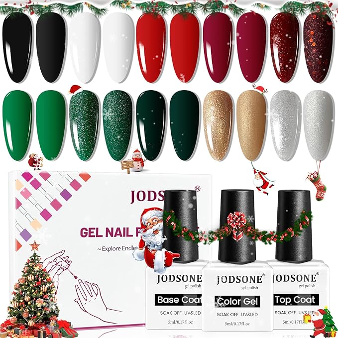 JODSONE Christmas Gel Nail Polish Set 10 Colors with Black White Glitter Red Burgundy & Green Silver Gel Nail Polish DIY Salon for Women Girls Home Christmas Gifts
