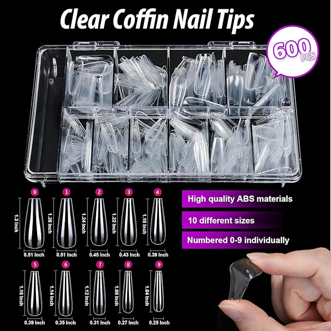 Teenitor 600 Pcs Clear Coffin Nail Tips, Acrylic Nail Kit, Clear Press On Nails, Long Fake Nails Coffin Nail Tips Full Cover, Acrylic Nail Clipper Nail Stand for Nail Extensions