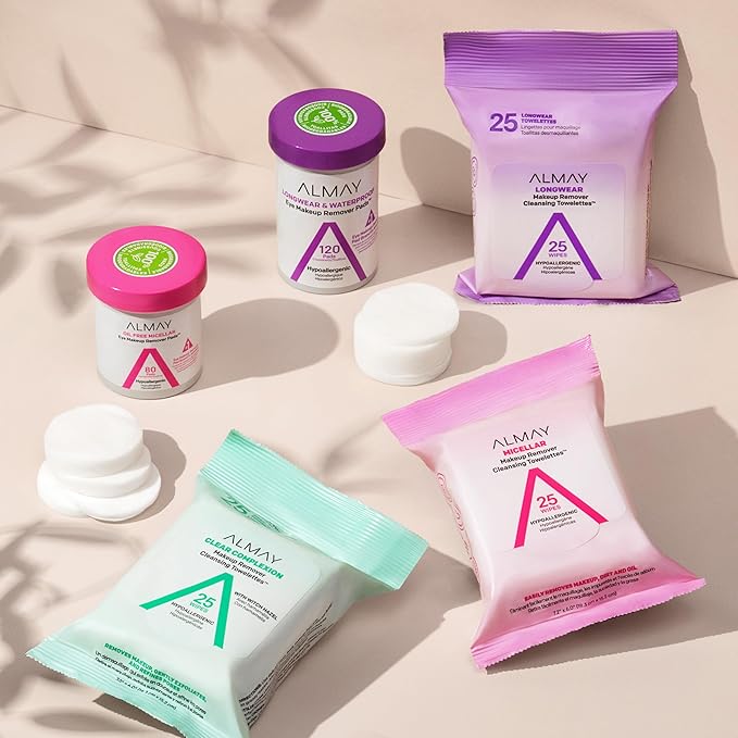 Almay Biodegradable Makeup Remover Pads, Longwear & Waterproof, Hypoallergenic, Fragrance-Free, Dermatologist & Ophthalmologist Tested, 120 count