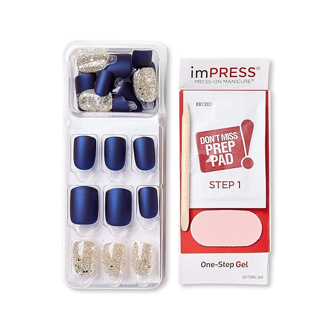 imPRESS Design, Press On Nails, Wannabe Star, Blue, Short, Size, Squoval, Shape, Includes 30 Nails, Prep Pad, Instructions Sheet, 1 Manicure Stick, 1 Mini File