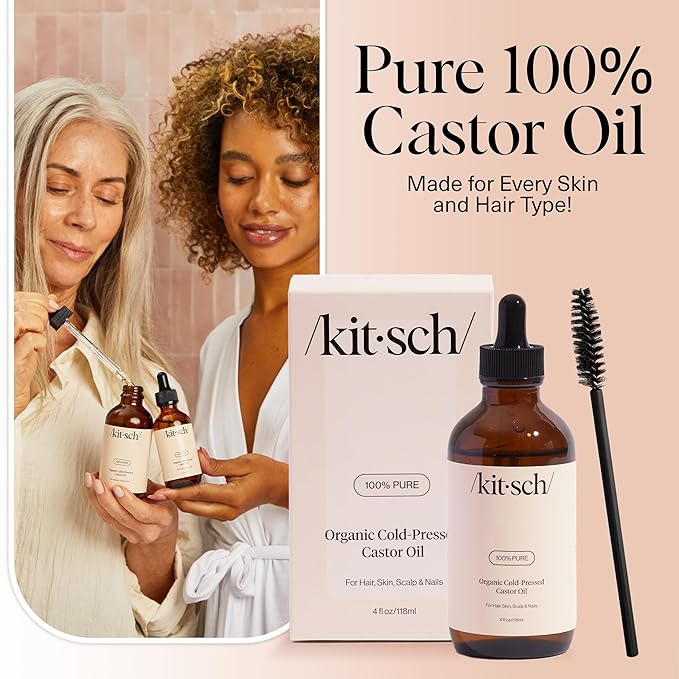 Kitsch Organic Castor Oil for Hair Growth - 100% Pure Castor Oil, Organic Cold Pressed Unrefined Glass Bottle for Face, Skin, Lashes, Brows, Scalp, Nails & Belly Button - Hexane Free, USDA - 4 oz