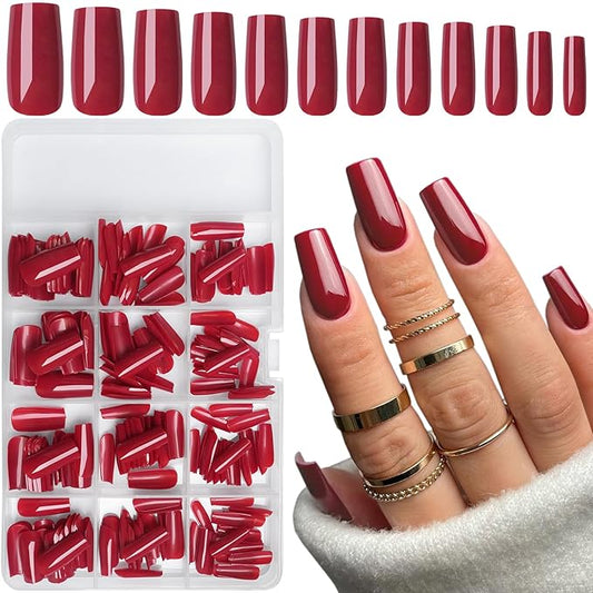 LuckForever 240pc Square Press on Nails Long Fake Nails Glue Press on Nails Square Nail Tips Full Cover Red Acrylic Nails Press ons Nail False Fingernail with Glue Adhesive Tabs for Women Girls