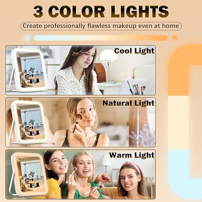 10"x8" Portable Lighted Makeup Mirror with 3-Color Dimmable LED, Touch Screen Vanity Mirror for Travel or Bedroom Desk (White)
