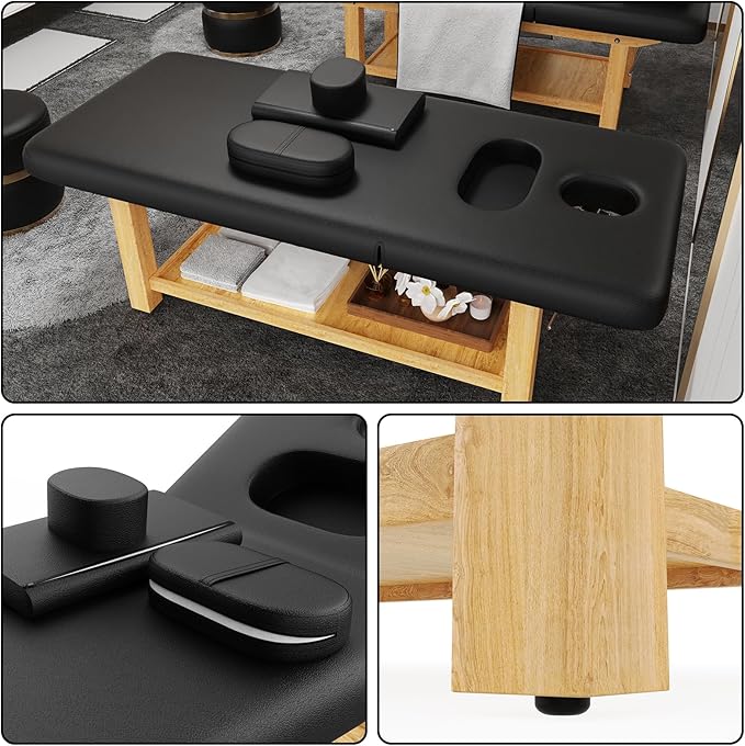 Wooden Massage Bed Adjustable Heavy-Duty Wide Stationary Massage Table for Treatment Physical Therapy Table Professional Stationary Spa Facial Bed, PU Leather, 31.5'' W × 75'' L