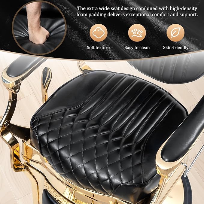 OmySalon Retro Barber Chair Heavy Duty, Aluminum Alloy Frame, Adjustable Headrest, Extra Wide Footrest, Hydraulic Salon Chair for Hair Stylist Reclining All Purpose for Beauty Spa Shampoo, Black Gold