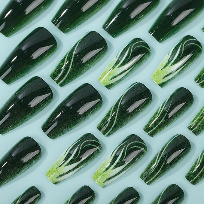 Long Press on Nails Coffin Fake Nails Green False Nails Ombre Artificial Nails Gradient Cute Nails Stick on Nails for Women 24pcs