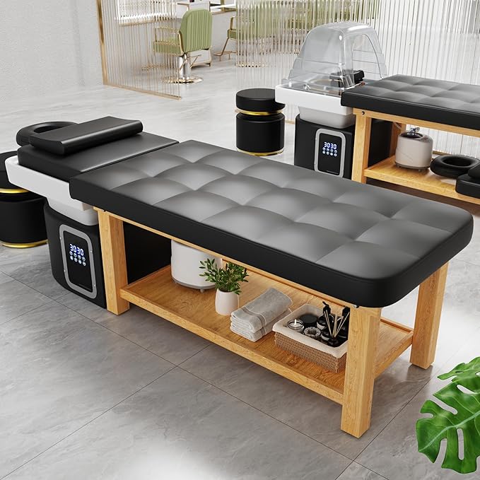 Olela Heavy Duty Head Spa Bed - Headspa Equipment with Water Cycle & Fumigation Salon Equipment, Stationary Massage Table with U Shaped Head Basin and Wood Frame for Beauty Salon