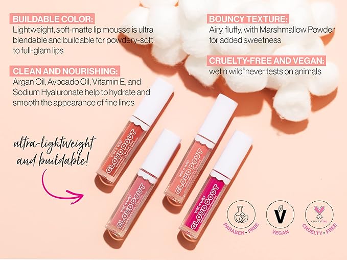 wet n wild Lip Cream Cloud Pout w/Marshmallow, Dark Brown Love You Smore | Argan Oil | Vitamin E | Marshmallow Flavored