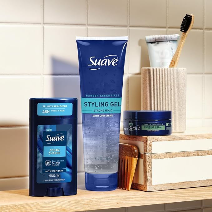 Suave Hair Gel For Men Barber Essentials Styling, Strong Hold and Low Shine, No Flakes, Barber-Quality Results, 9 oz