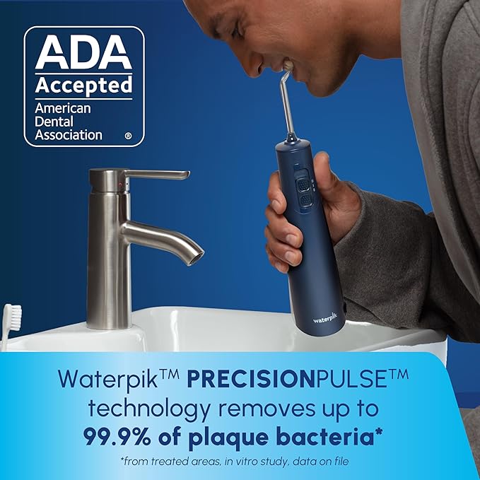 Waterpik Cordless Pulse Rechargeable Portable Water Flosser for Teeth, Gums, Braces Care and Travel with 2 Flossing Tips, Waterproof, ADA Accepted, WF-20 Blue, Packaging May Vary