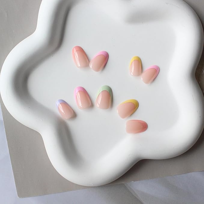24 Pcs Colorful French Tip Press on Nails Short Oval, Acrylic Fake Nails Press ons with Glue, Short Almond Acrylic Natural Nude Glue on Nails for Women, 15 Sizes