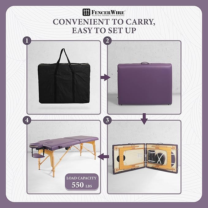 Fencer Wire 84 Inch Premium Memory Foam Massage Table, Foldable Massage Bed, Height Adjustable Spa Bed, Facial Cradle Salon Bed Wooden Legs & Carry Case, Purple, 28 Inch Wide
