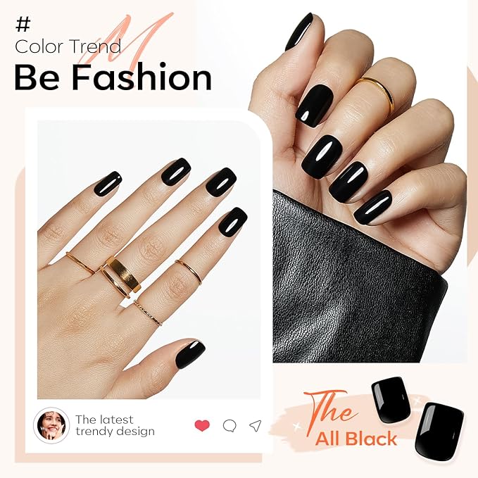 Modelones 32Pcs Black Press on Nails, Christmas Short Square Fake Nails, Reusable Nail Kit with Nail Glue Adhesive Tabs Mini Nail File, Nails Press Ons 16 Sizes