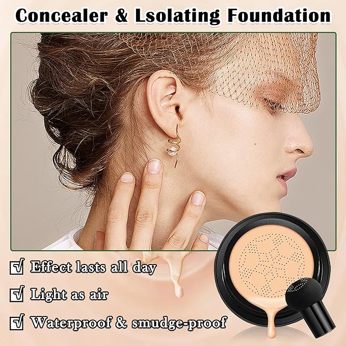 Natural Mushroom Head Air Cushion CC Cream & Loose Setting Face Powder Set,3-Color Concealer Palette with Makeup Sponge & Makeup Brush