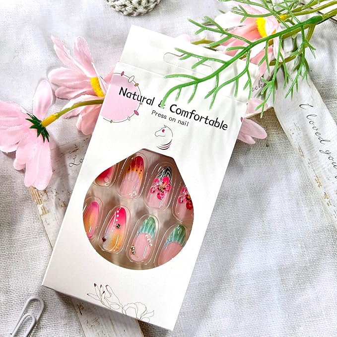 3D Acrylic False Nail French Tip Press on Nails Short Almond Flower Pearl Pattern Design Colorful Smudge Artificial Fingernails Press Ons Artificial Stick on Nails for Women 24Pcs