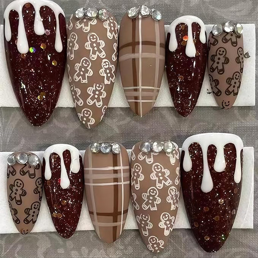 30Pcs Christmas Press on Nails with Cute Gingerbread Man Design Almond Fake Nails Dark Red Glitter False Nails Sparkling Rhinestones Stick on Nail Brown Stripes Artificial Nail for Women