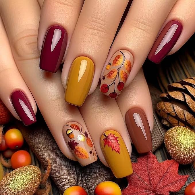 Medium Press on Nails Square Fake Nails with Maple Acorns Design Thanksgiving False Nails Fall Acrylic Nail Kit Stick on Fingernails Autumn Brown Gel Glue on Nail for Women Manicure