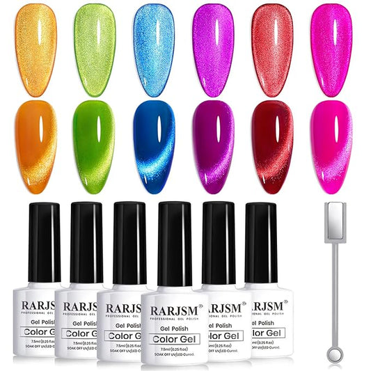 RARJSM 9D Neon Cat Eye Gel Nail Polish Set 6 Colors Velvet Silver Glitter Bright Orange Blue Red Green Rose Purple Ice Gel Polish with Magnet Stick UV LED Curing Requires Soak Off Home Salon Diy