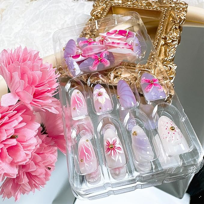 30pcs Pink Flower Press on Nails Medium Almond Fake Nails with 3D Cute Flowers Gold Beads Designs Summer Floral False Nails Kit Handmade Full Cover Acrylic Nail Tips Glue on Nails for Women