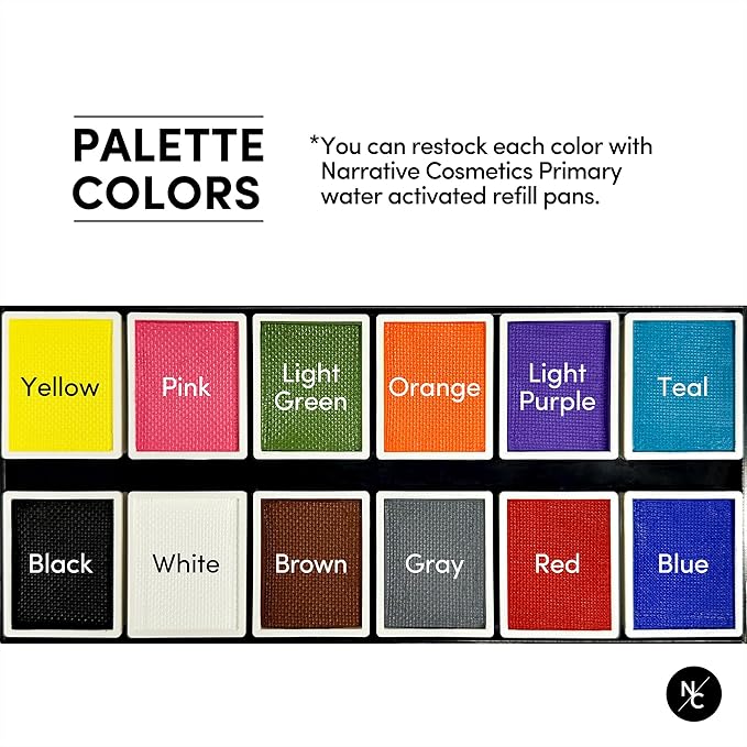 Narrative Cosmetics Primary Colors 12-Pan Palette - Vibrant Water-Activated Makeup for Face & Body Painting - Ideal for Cosplay, Theater & Artistic Makeup Creations