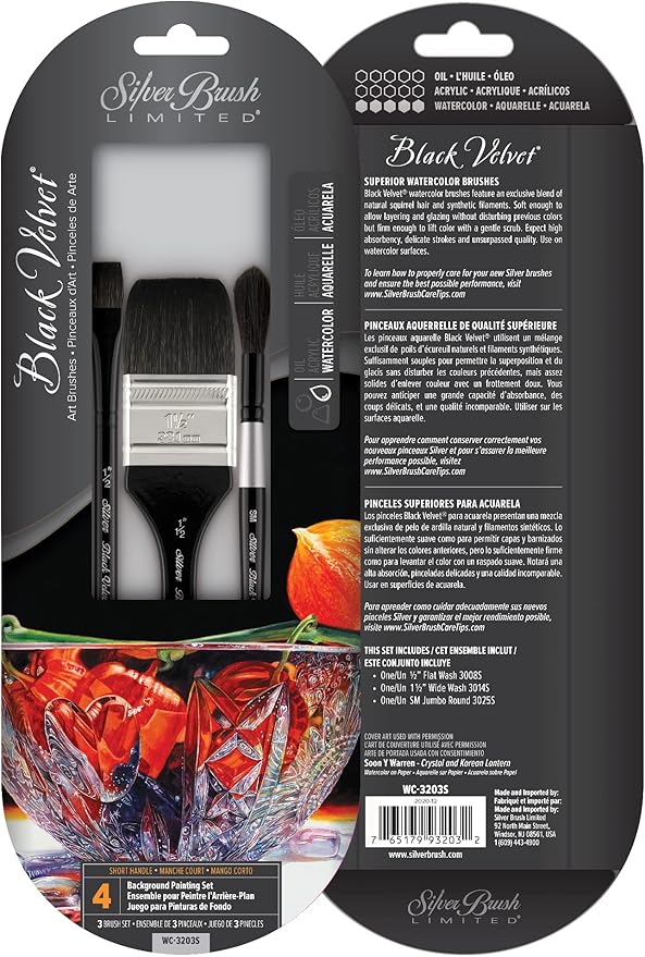 Silver Brush Limited WC-3203S Black Velvet Background Painting Set, Premium Paintbrushes for Watercolor, Gouache, Inks & Dyes, Set of 3, Flat Wash, Wide Wash, and Small Jumbo Round Brush, Short Handle