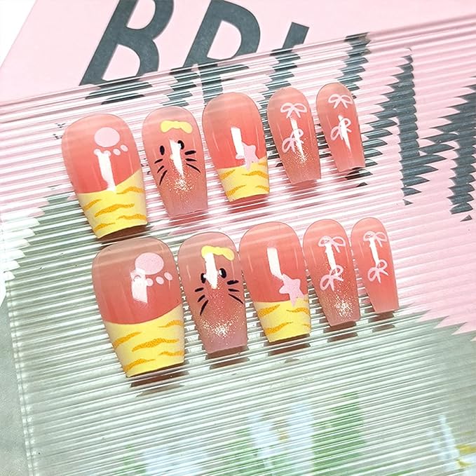24Pcs Cat Face Press on Nails French Tips Acrylic Full Cover Fake Nails Cat Eye Gel Glue on Fingernails Glossy Yellow Bow Medium Coffin False Nail Stars Stick on Nail for Holiday Manicure Art