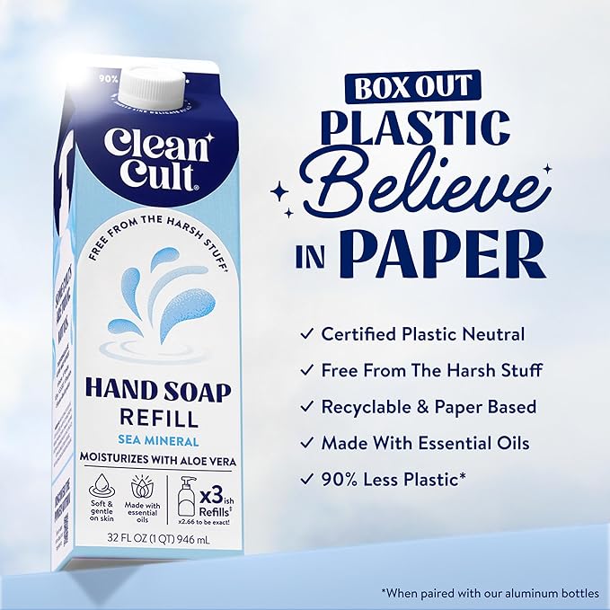 Cleancult Liquid Hand Soap Refill - Sea Minerals - Gentle On Sensitive Skin - Made with Aloe Vera & Essential Oils - Eco Friendly - Paper-Based Packaging - 32 oz/1 Pack