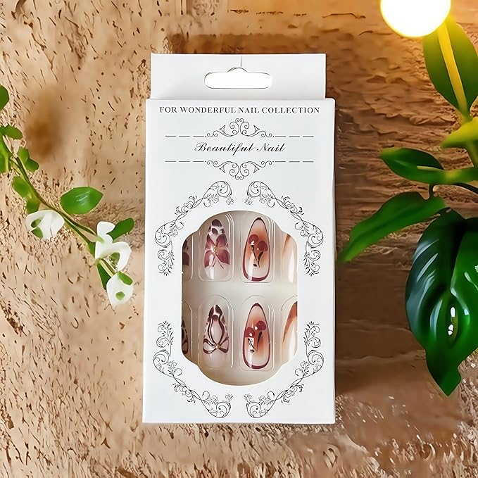 24Pcs Wine Red Cherry Press on Nails Medium Almond Fake Nails with 3D Flowers Rhinestones Designs False Nails Brown Leopard French Artificial Acrylic Full Cover Stick on Nails for Women Manicure