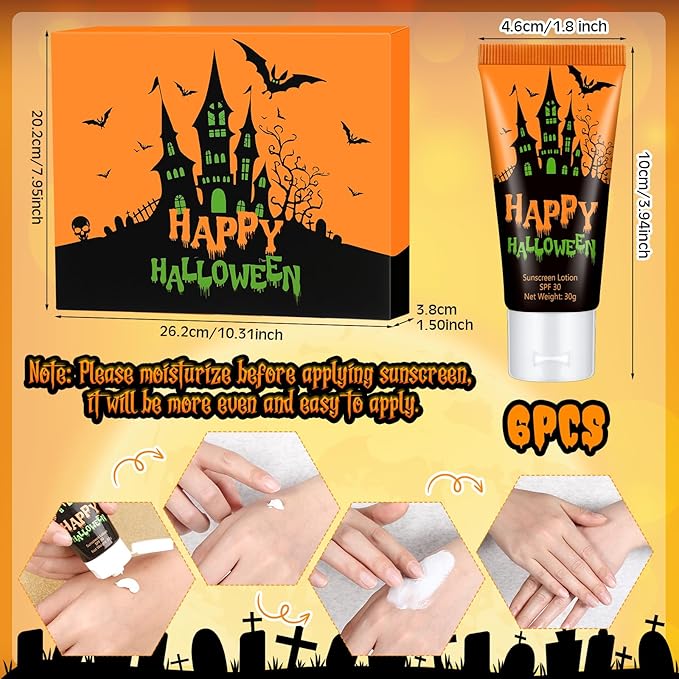 6 Pcs Halloween Gifts Travel Size Sunscreen Spf 30 Mini Sunscreen Lotion 1oz Travel Water Resistant Sunscreen Lotion for Halloween Party Favors(Halloween)